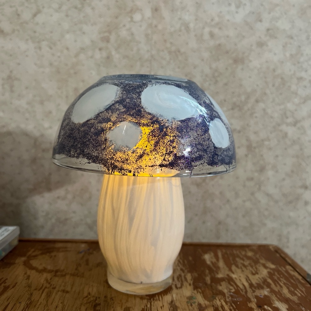 Mushroom Glass Lamp with Blue and White Design , comes with 2 identical lamps